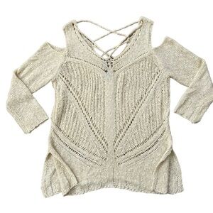 She + Sky Women’s Cold Shoulder Open Knit Sweater Size Large Off White Beige